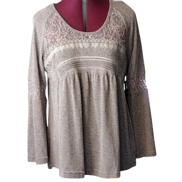 NWOT baby doll smock sheer embroidered lace round neckline Bell sleeves tunic - Picture 1 of 9